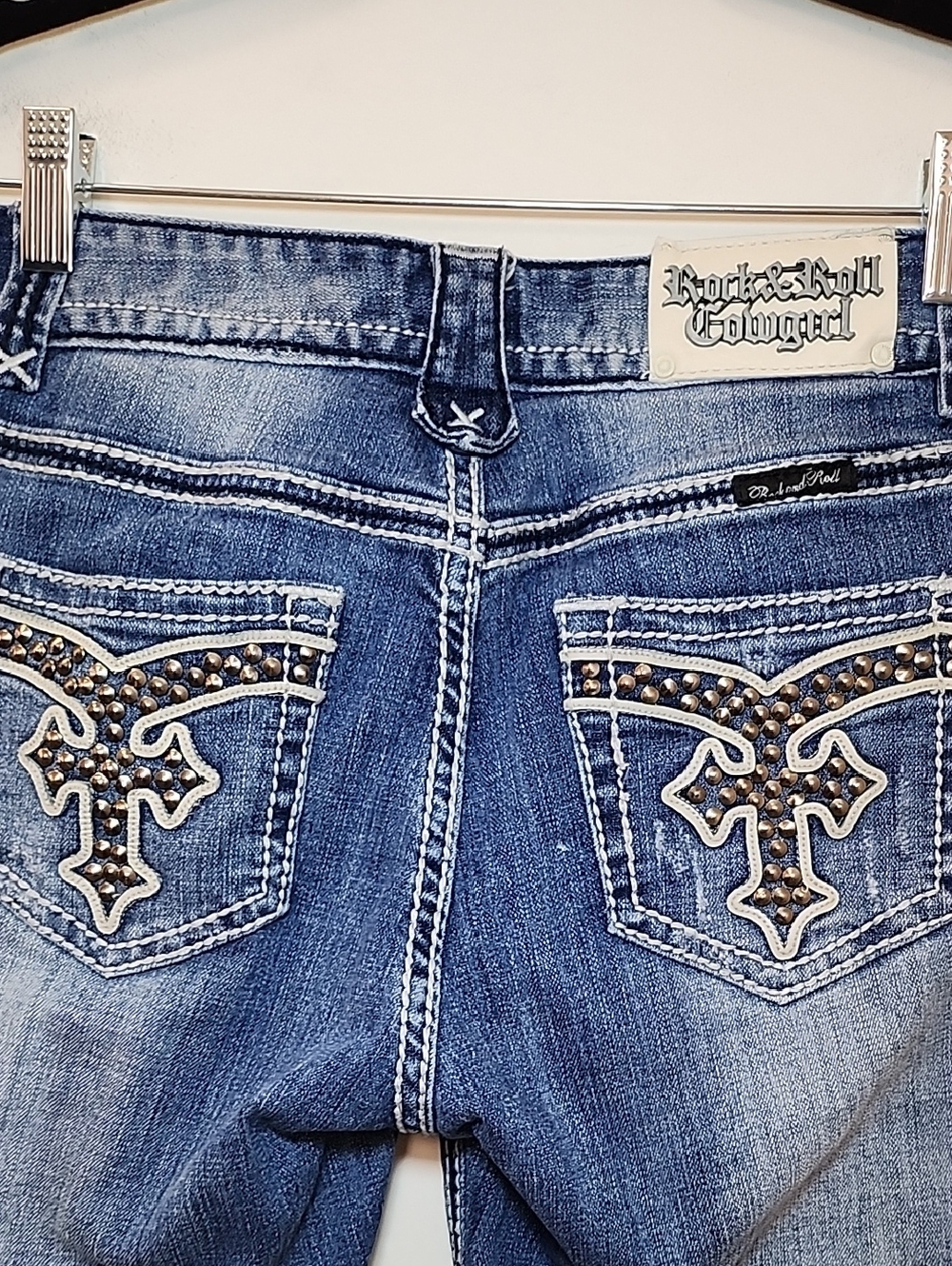 Rock & Roll Cowgirl Y2K Women's Dark Blue Studded Bootcut Jeans Size 27 - Picture 13 of 16